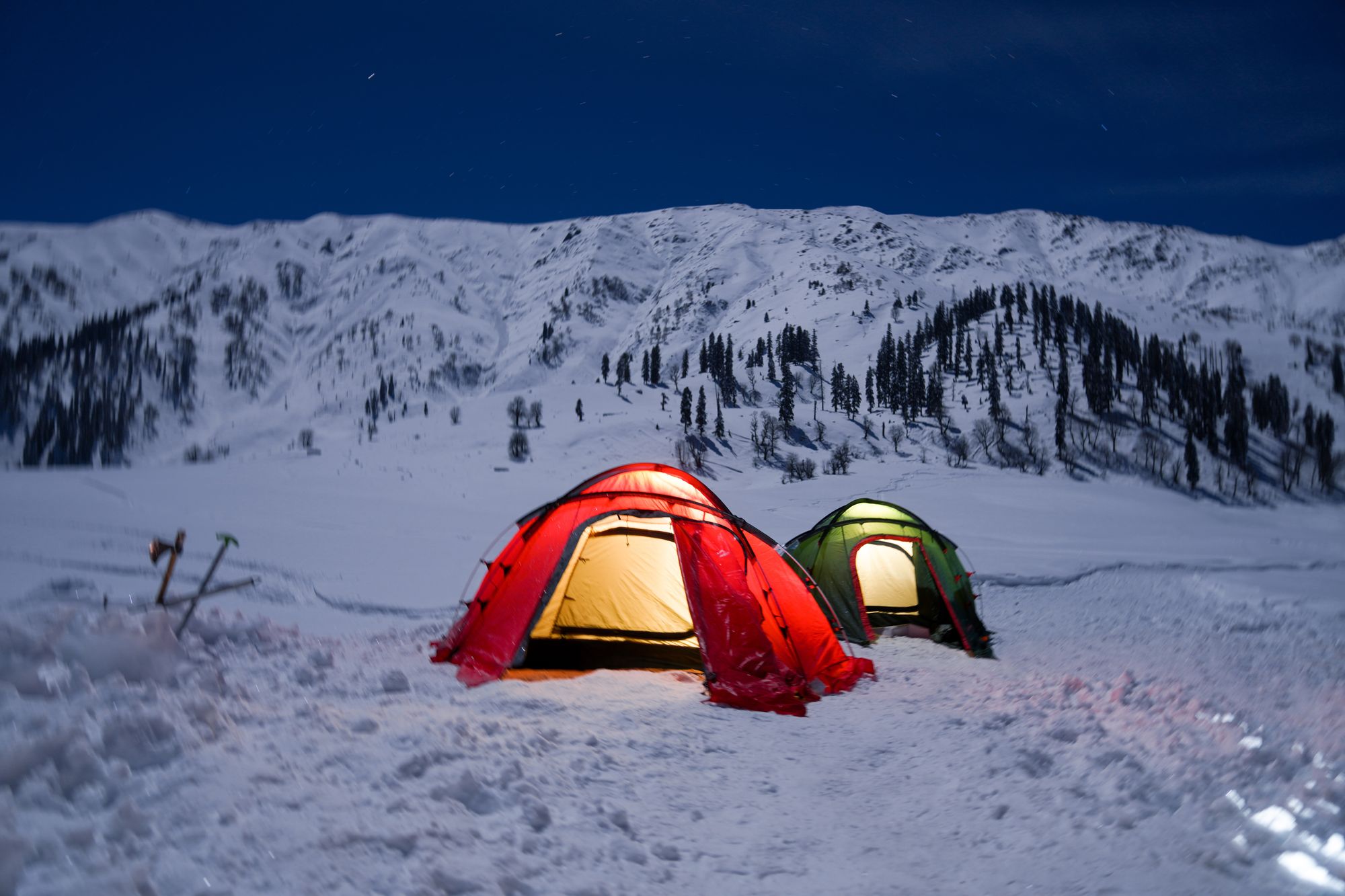 Leave the camp. Winter Camping. Tent pictures in Mountain Winter.